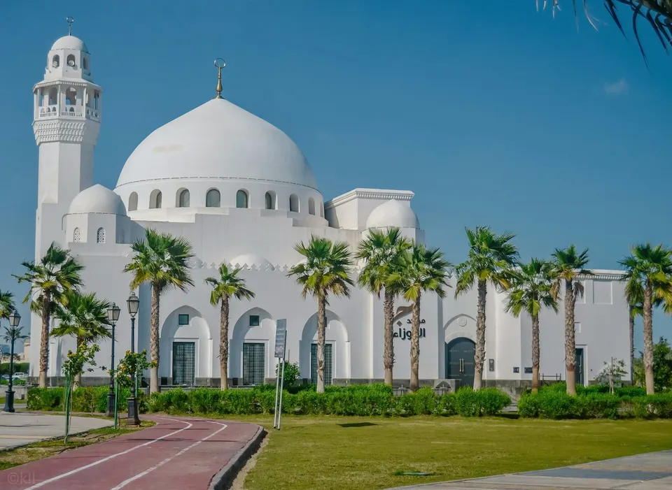 White mosque with palm trees in Saudi Arabia